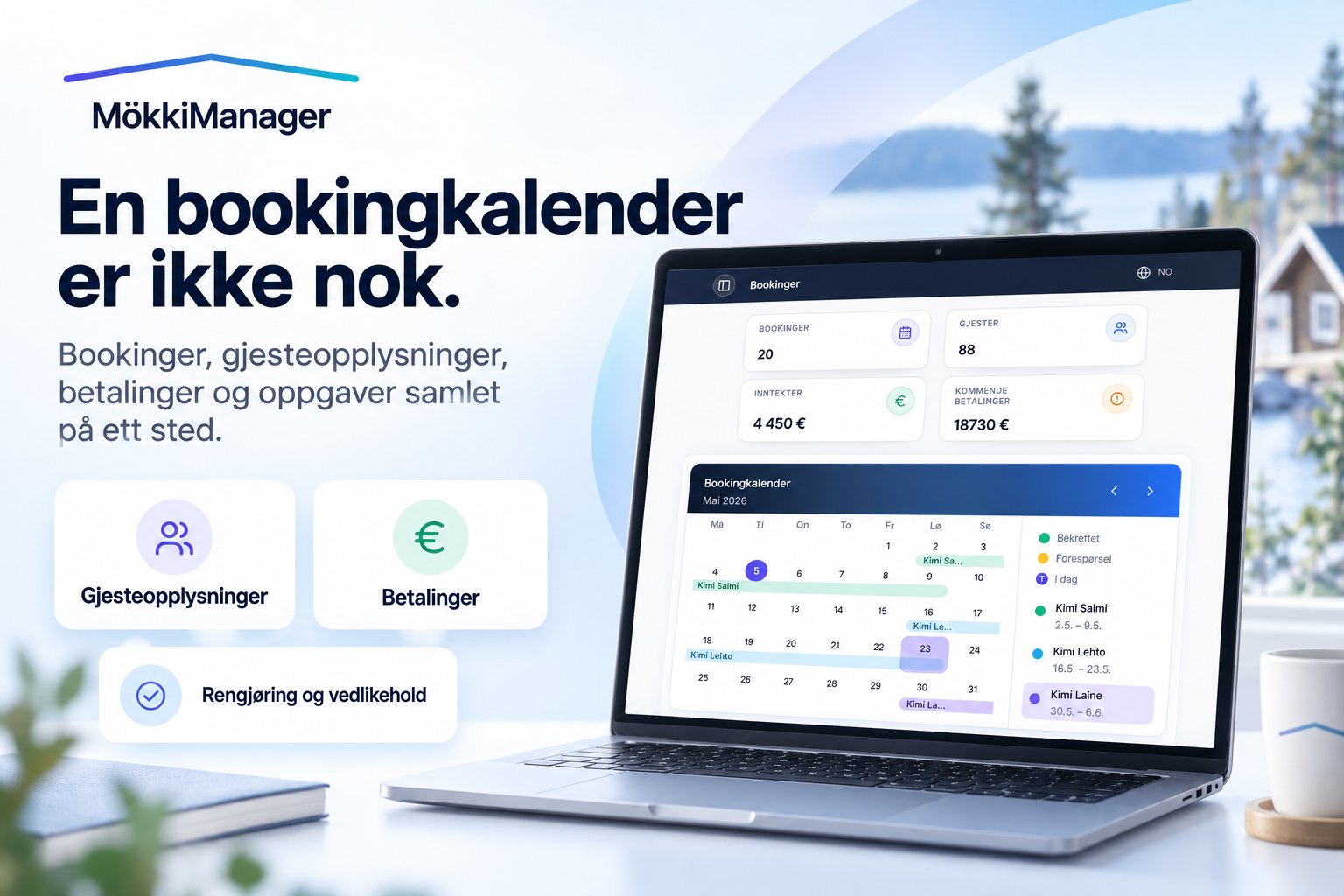 Bookinger, gjesteopplysninger, betalinger og oppgaver samlet på ett sted med HytteManager.