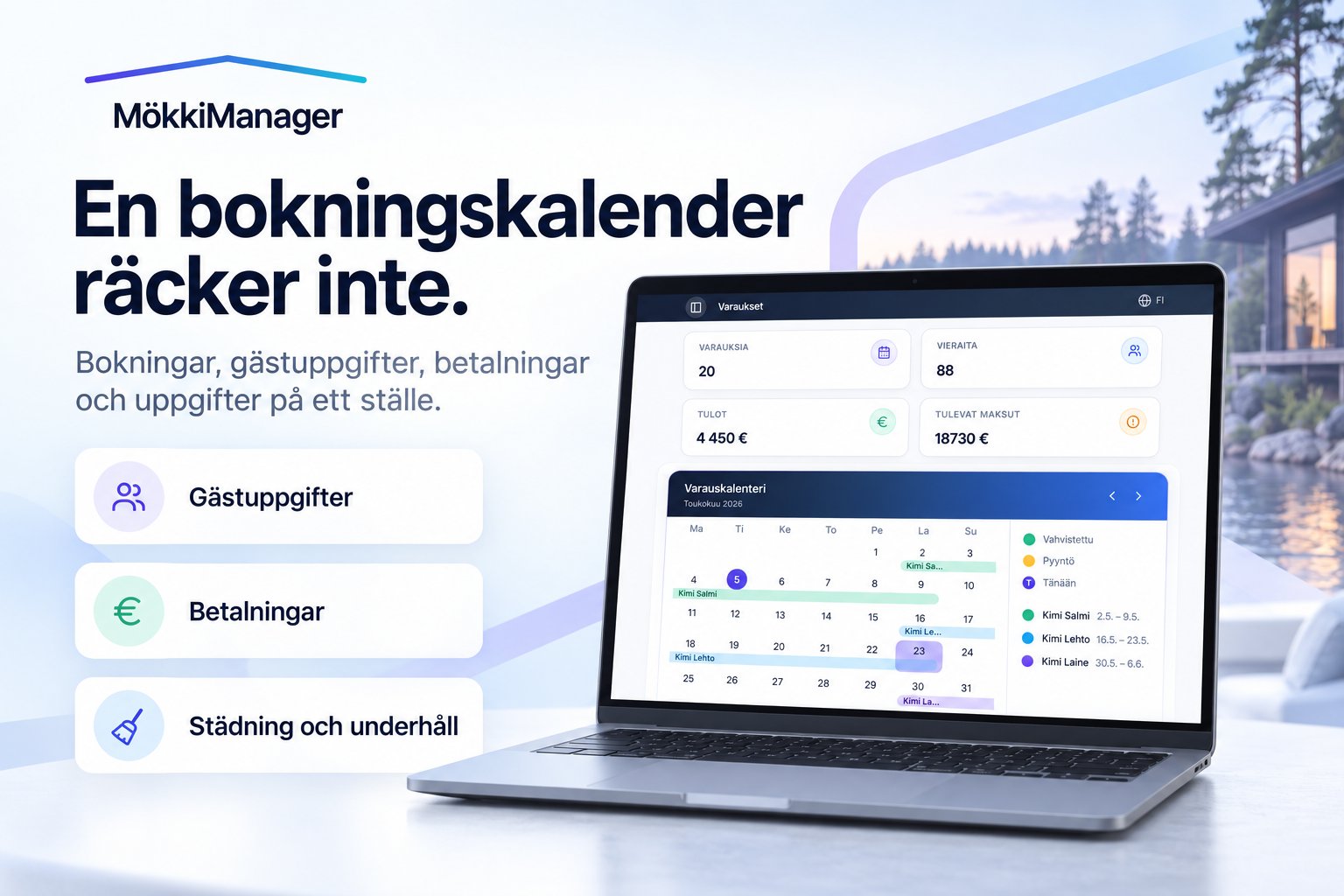 Bokningar, gästuppgifter, betalningar och uppgifter samlade på ett ställe med StugaManager.