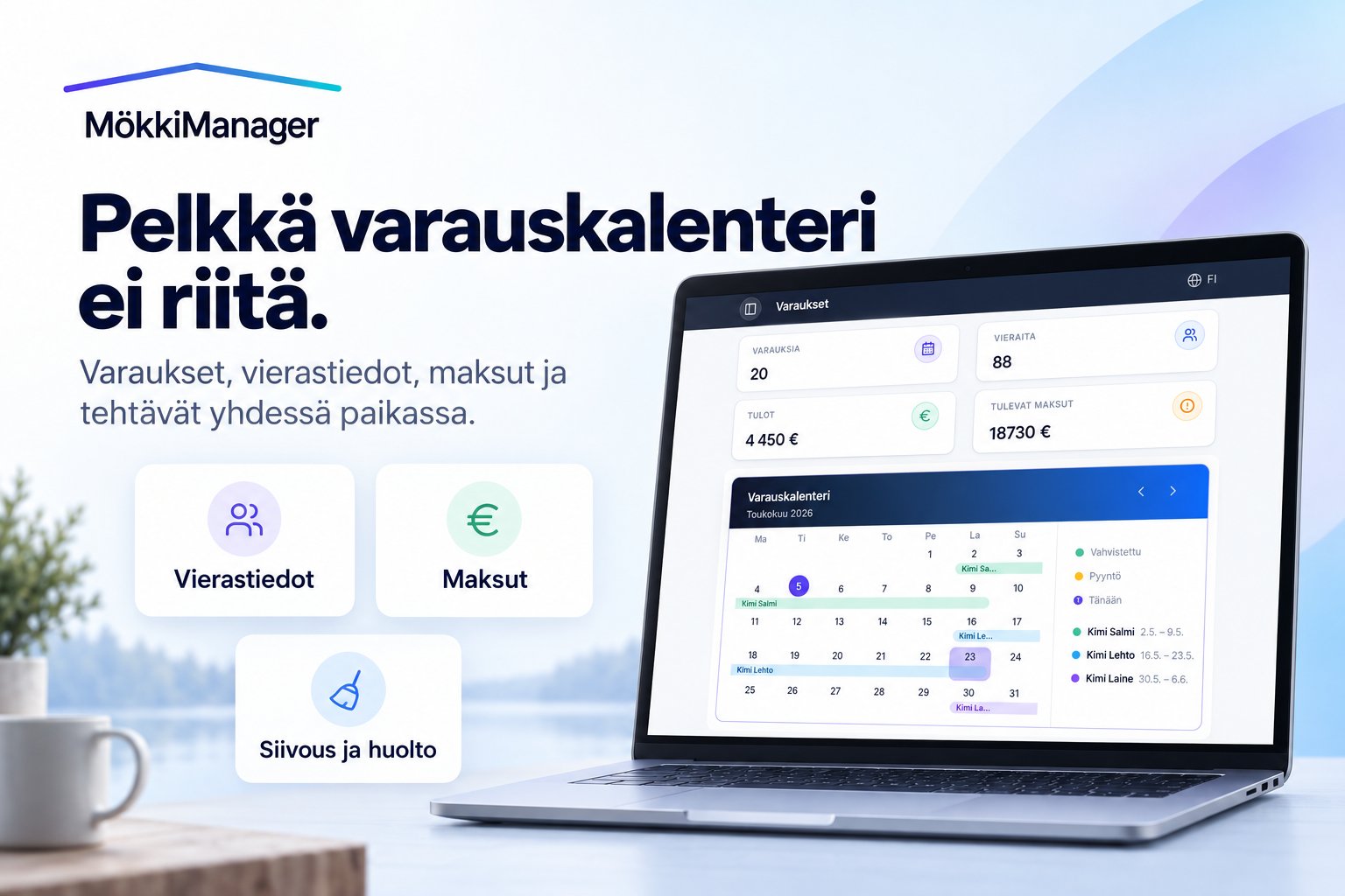 MökkiManager: varauskalenteri, varaukset ja mökkivuokrauksen käytännön tehtävät yhdessä paikassa.