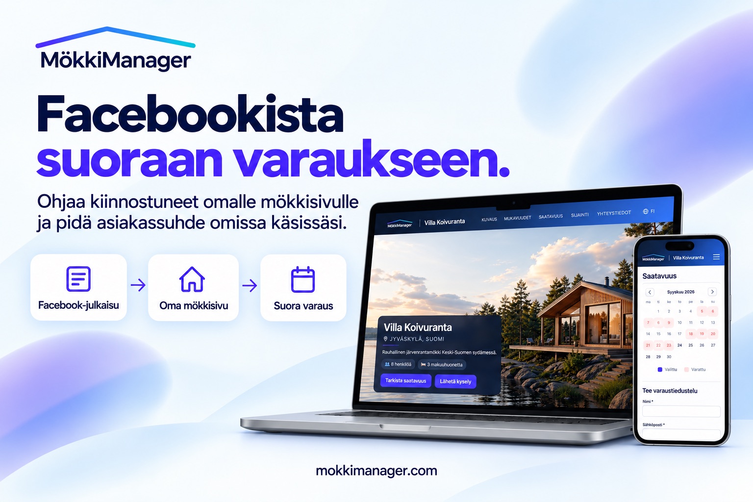 MökkiManager auttaa ohjaamaan Facebookista kiinnostuneet asiakkaat omalle mökkisivulle ja suoriksi varauksiksi.